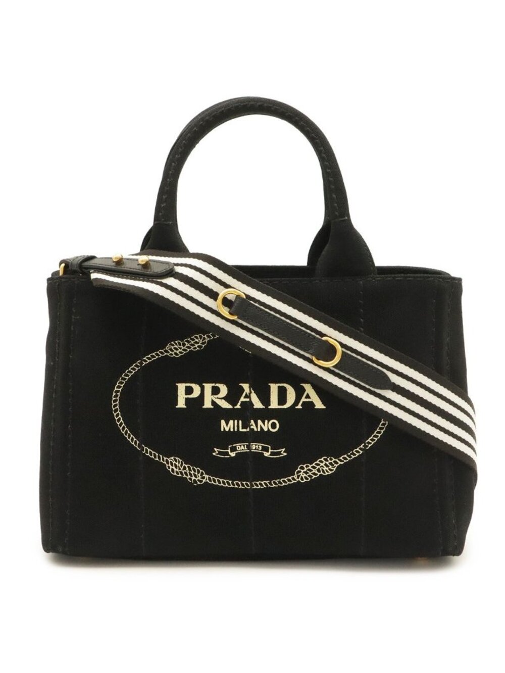 Prada Canapa Tote 2-Way Shoulder Bag Striped Canvas Nero Black Talco Gold